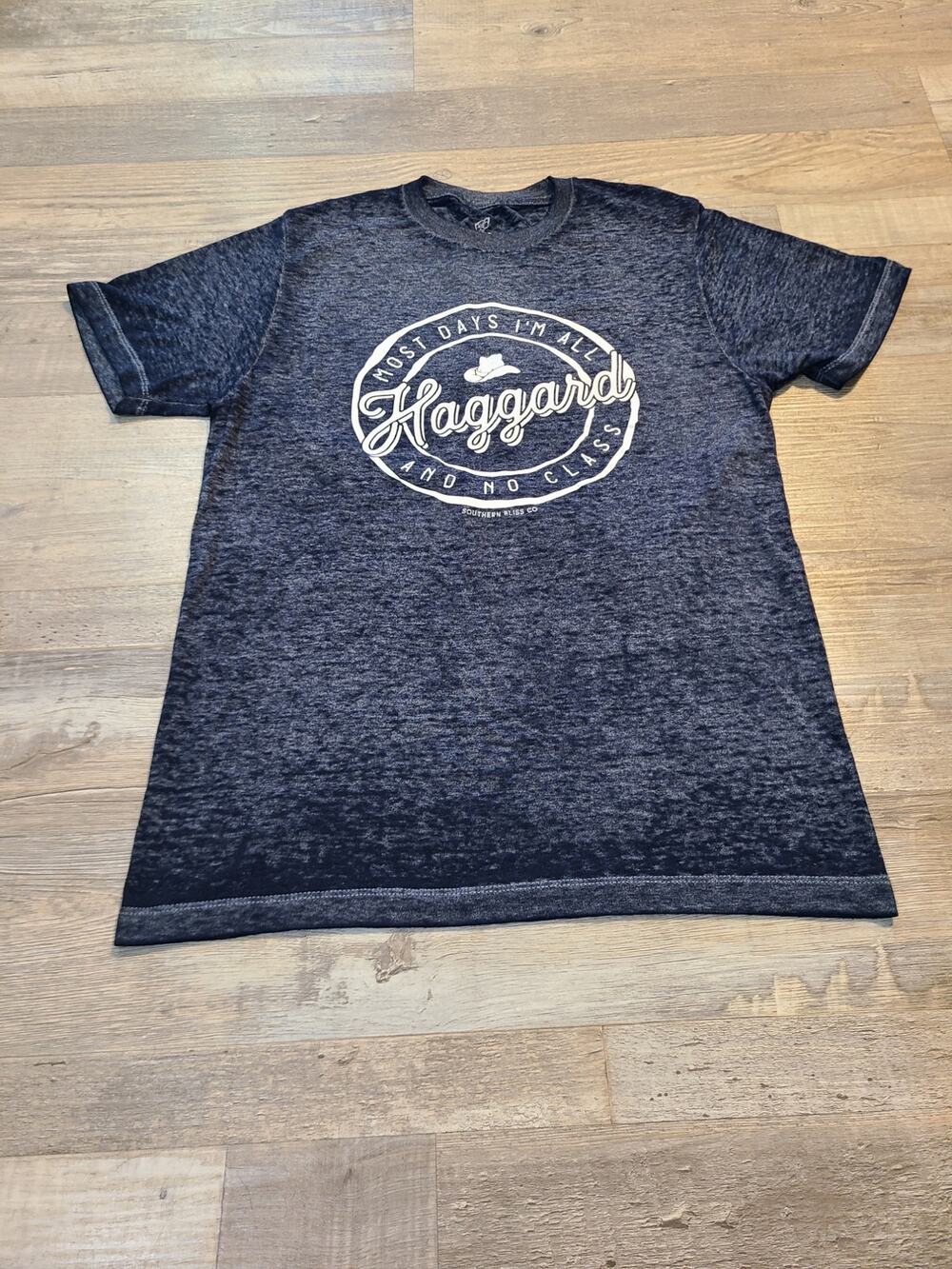 Southern bliss small women's blue acid wash Haggard tee
